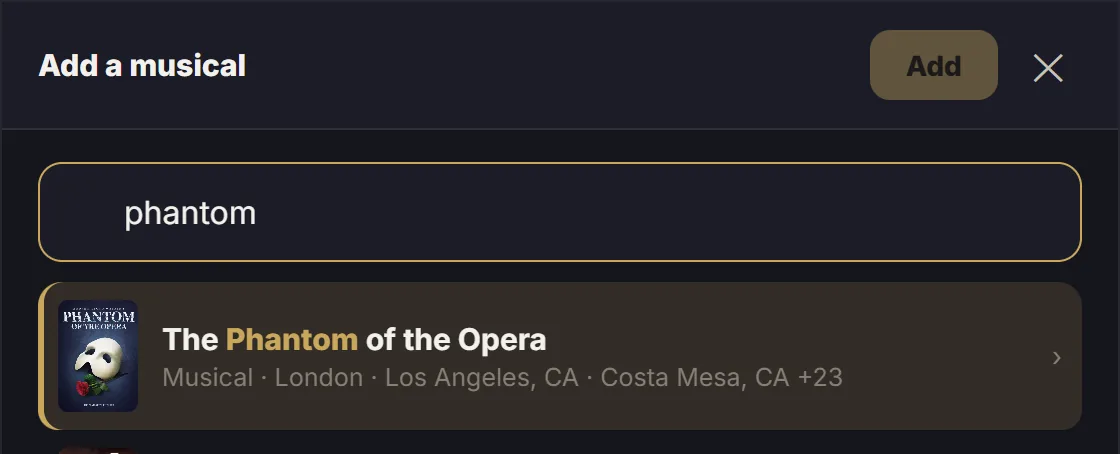 記錄表單:輸入「歌劇魅影」,自動找到 The Phantom of the Opera 與海報、演出城市