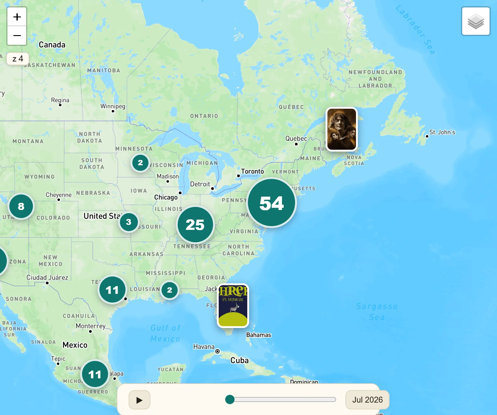 MusicalMap 主地圖:各音樂劇海報散布在地圖上,相鄰的聚成數字圓圈,底部有月份時間軸