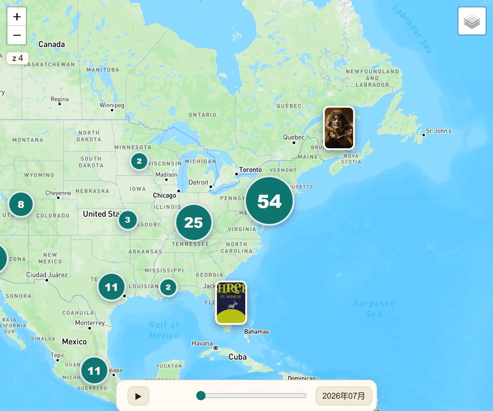 MusicalMap 主地圖：各音樂劇海報散布在地圖上，相鄰的聚成數字圓圈，底部有月份時間軸